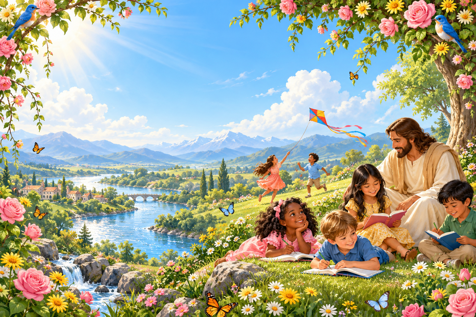 Illustrated river garden with flowers, bluebirds, butterflies, children reading and flying a kite, a caring adult, and a gentle representation of Jesus.